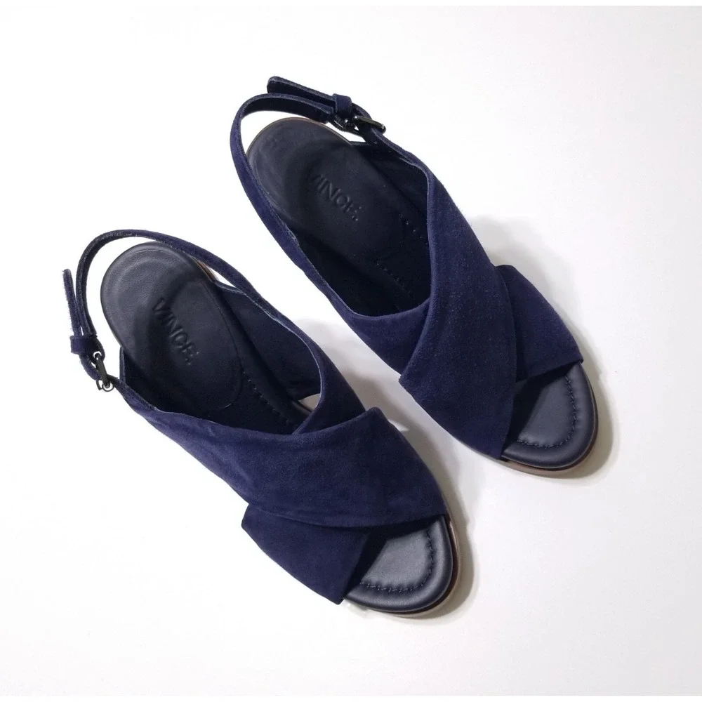 Vince Helena Suede Slingback Wooden Block Heel Sandals Indigo Blue NIB 6.5 7